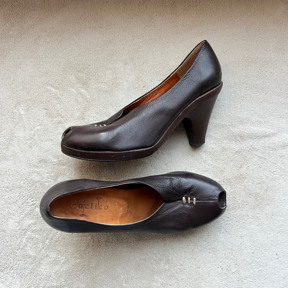 Coclico Women 6.5-7 EU 37 Dark Espresso Brown Leather Peep Toe Platform Pumps